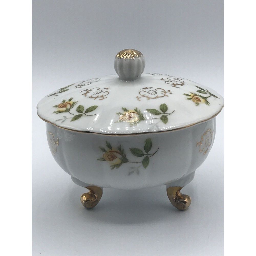 Lefton Candy Dish Yellow roses Porcelain Footed Lid MV-1844‎